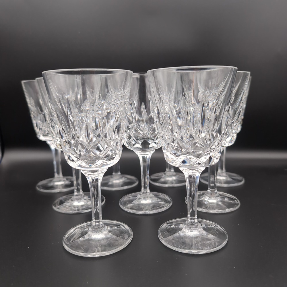 9 Gorham King Edward Crystal Wine Glasses Cut Stemware Goblets Vintage Set 1980s